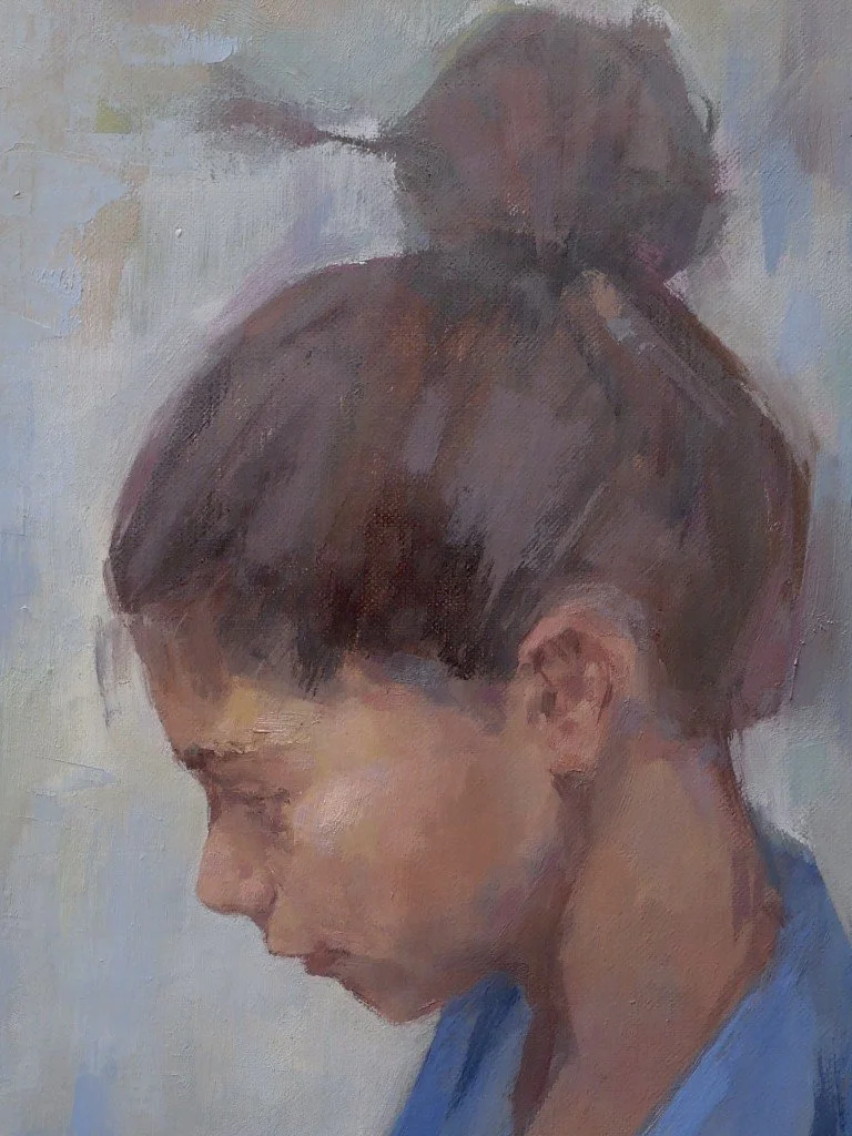 Close-up view of Blue Paper Tiger, a beautiful portrait of a child and original oil painting by Artist Bran Sivas.