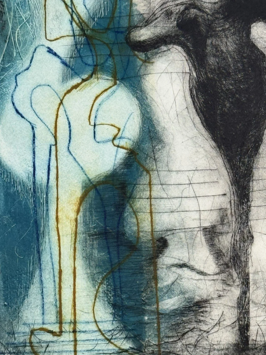 Details of The Skeptic by Noonie Minogue, a stunning multiplate dry point mono print with chine collé technique.