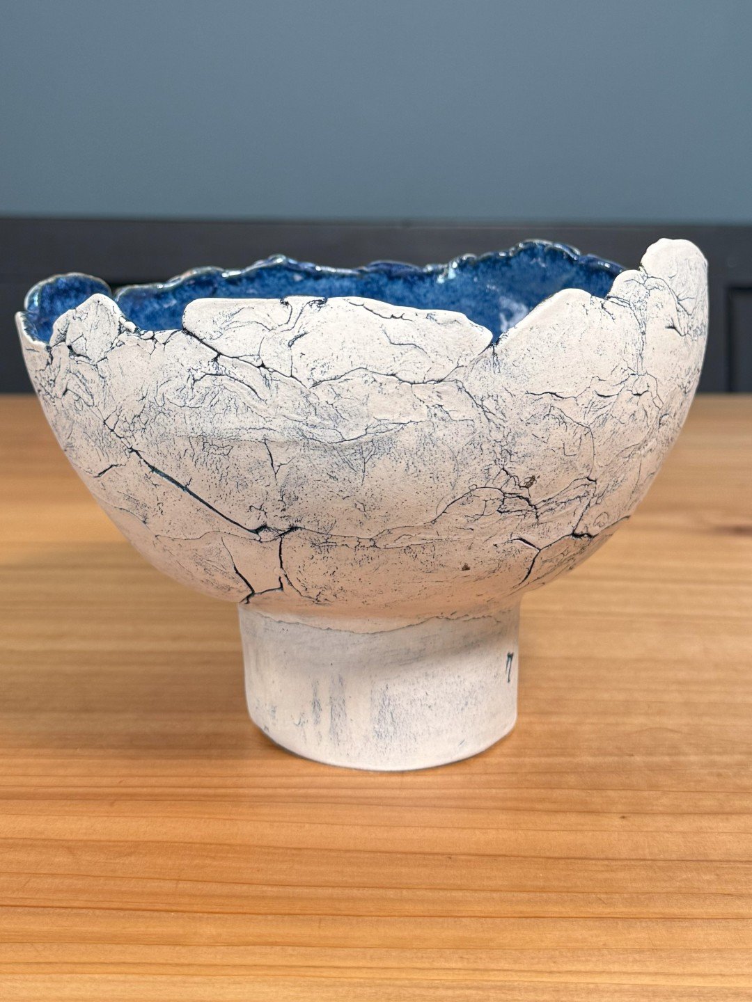 Large crackle bowl with pedestal by Artist Nupur Narain DeTar, stoneware with cobalt oxide and an ash blue food-safe glaze.