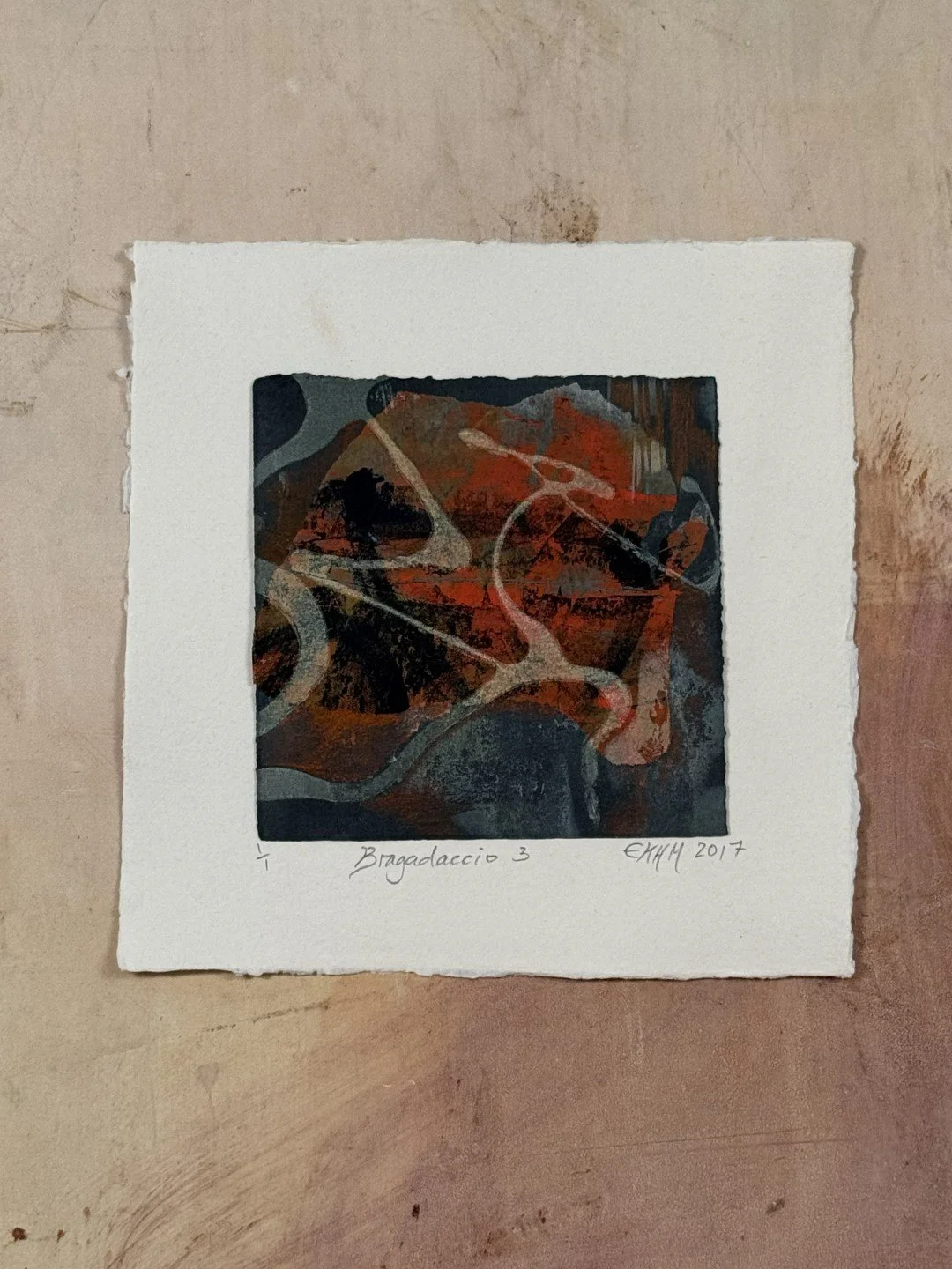 Bragadaccio 3, by Artist Noonie Minogue, an etching and monoprint using chine collé with beautiful blue and orange shades.