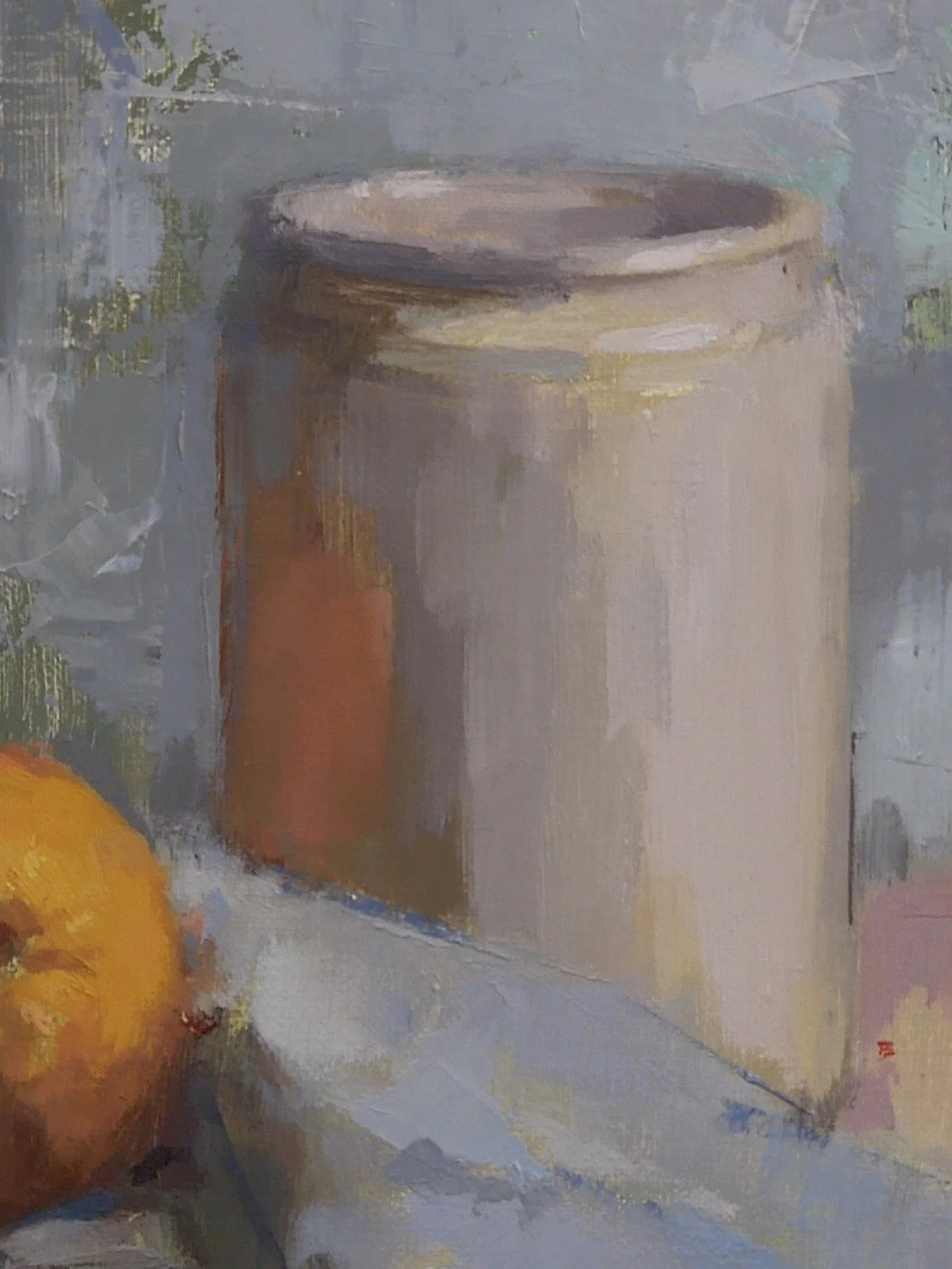 Close-up of Orange on Napkin, a beautiful still life and original oil painting by Artist Bran Sivas.