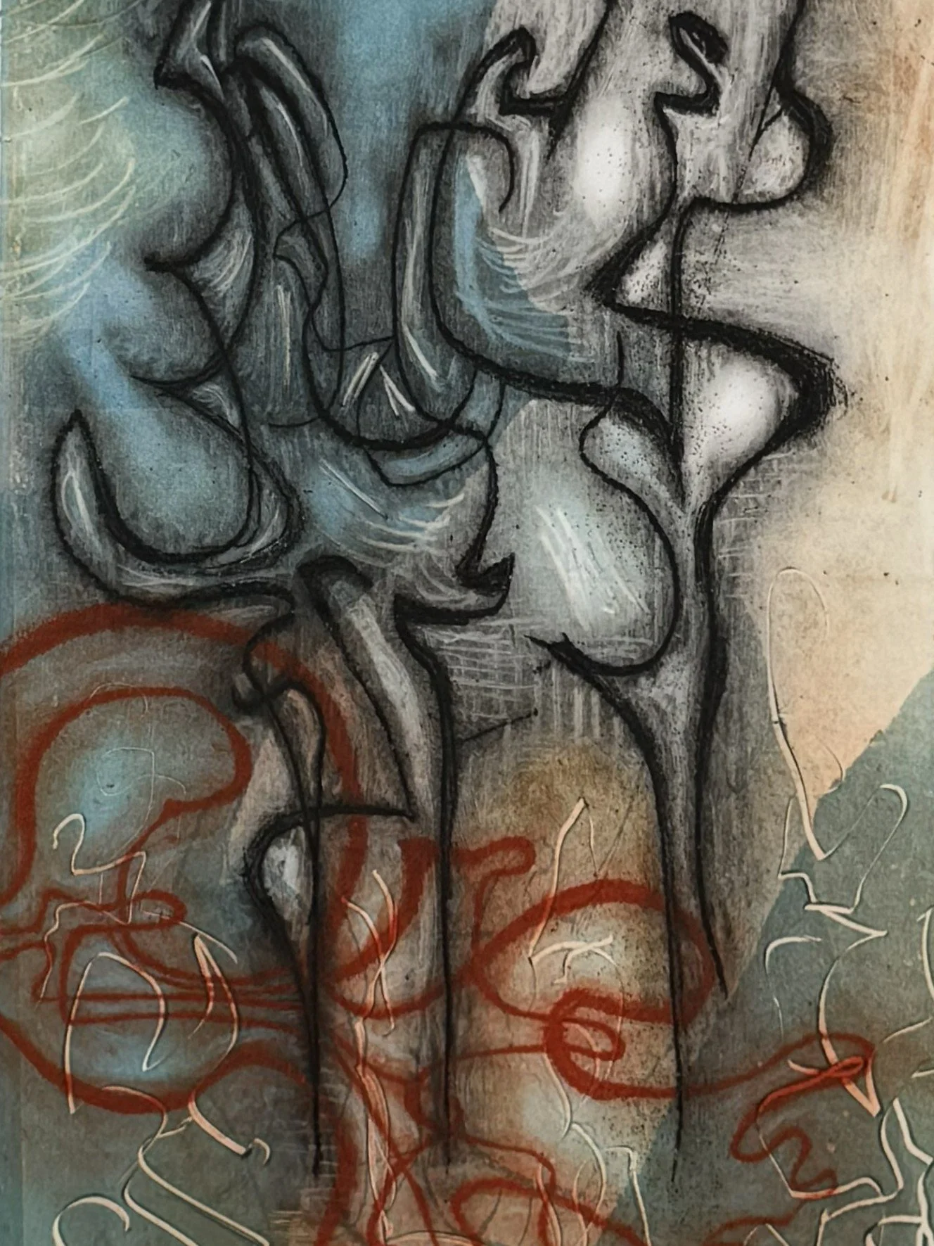 Close up of Nostos by Artist Noonie Minogue, a four-plate etching and monoprint illustrating the Greek word Nostos.