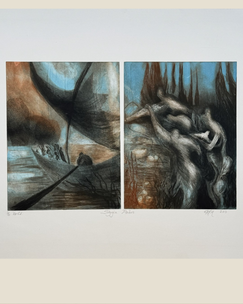 Stygia Palus 1/4, a drypoint and monoprint by Noonie Minogue, illustrating the Stygian marsh of the underworld in the Aeneid.