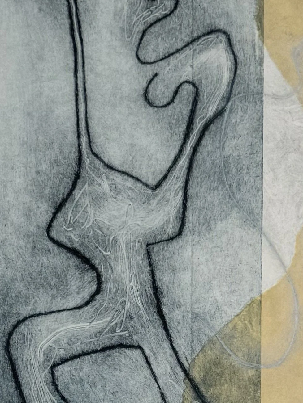 Close up of Triad monoprint by Artist Noonie Minogue, using three-plate drypoint and chine collé printmaking techniques.