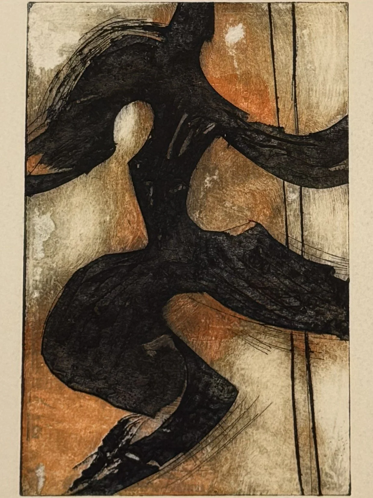 Heroes 2/20, a stunning collagraph and monoprint by Artist Noonie Minogue, close-up view of the left panel of the diptych.