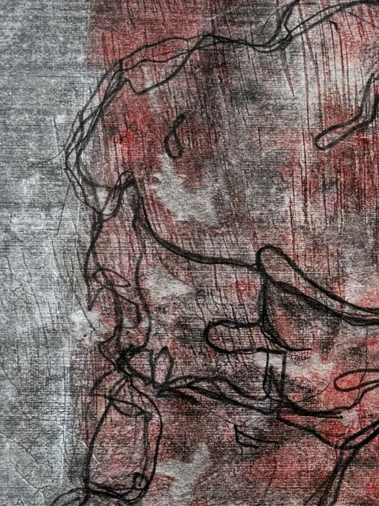 Belvedere Torso (4) by Alla Samarina, close up of a monoprint inspired by the much admired fragmentary ancient sculpture.