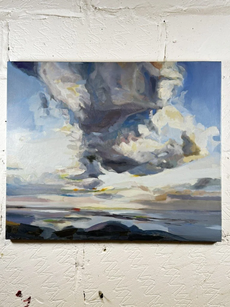 Oil painting of dramatic mid-summer blue skies and white clouds over Cape Town coast by Larissa Hollis.