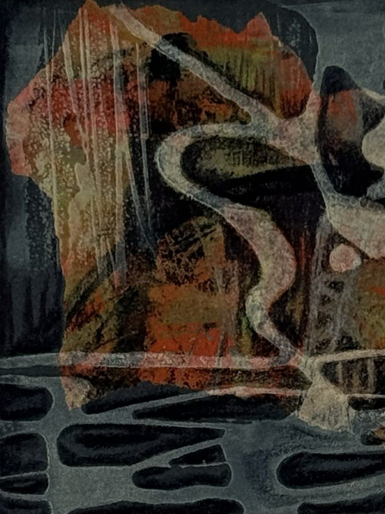 Left hand-side detail of Skylla by Artist Noonie Minogue, an etching representing the sea monster of the Odyssey.