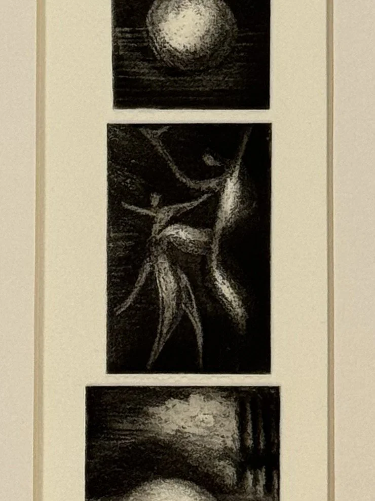 Moonrise 1/20, a three-plate etching created in 2024 by Artist Noonie Minogue, closeup view of middle panel.