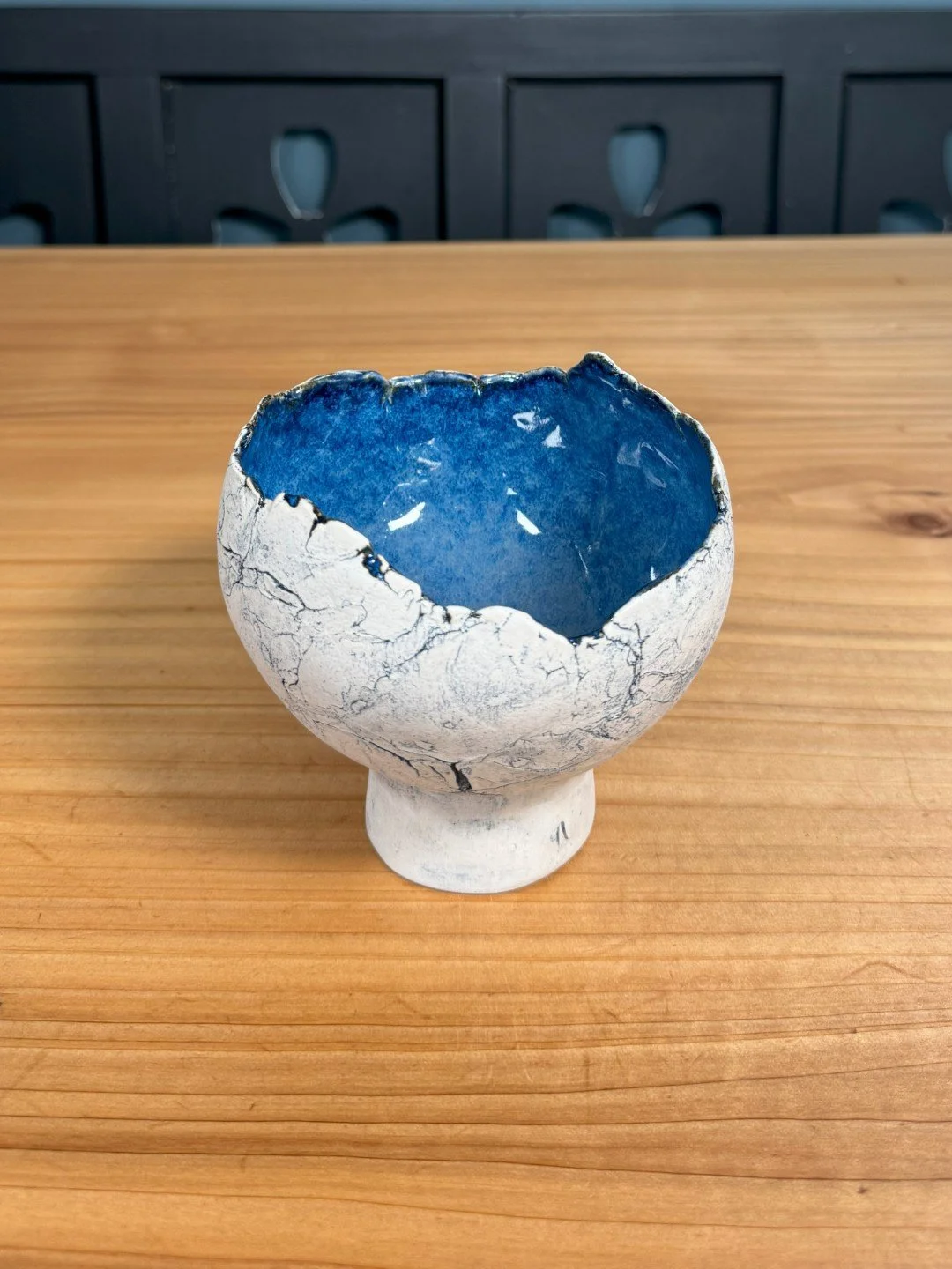 Medium crackle bowl with pedestal by Artist Nupur Narain DeTar, high-fired stoneware with cobalt oxide and a food-safe glaze.