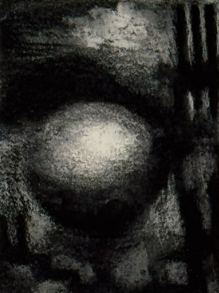Closer view of Orb 1/20, by Artist Noonie Minogue, a small etching printed in 2024, with timeless monochrome shades.