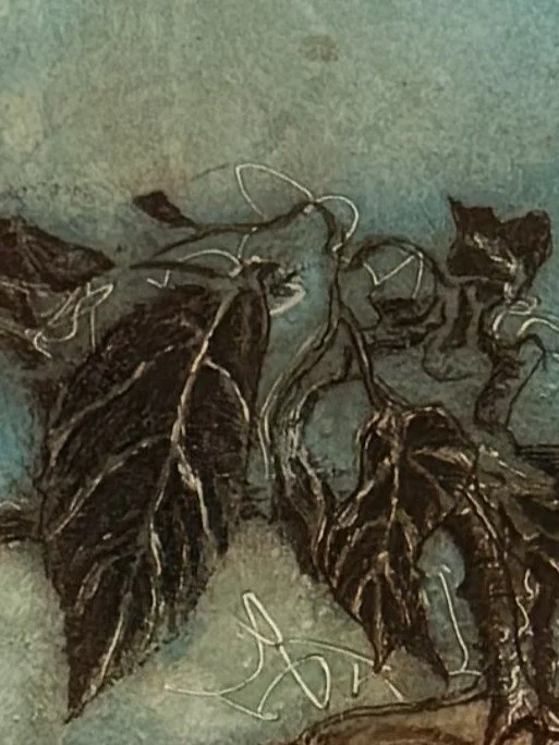 Golden Bough 9/15, a colourful etching and monoprint by Artist Noonie Minogue, closeup view of leaves.