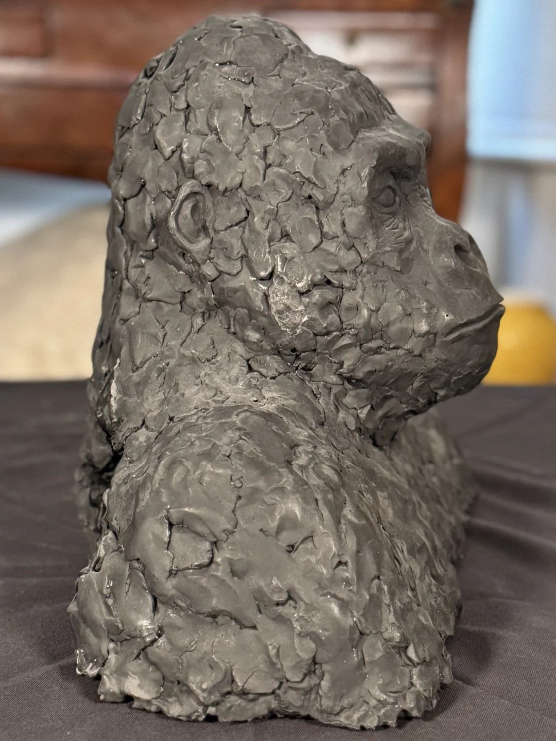 Gorilla Bust, a sculpture by Artist Julien Hipeau, cast in Jesmonite, displayed on coffee table, closeup of profile.