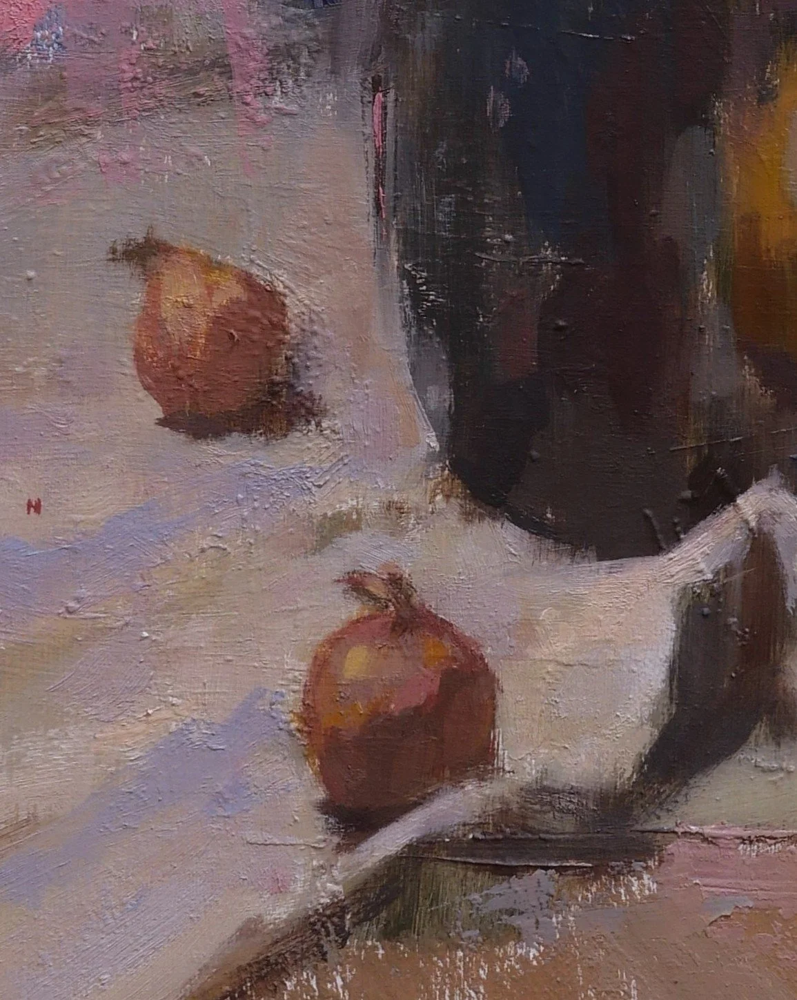 Close-up of Apple, Jug and Berries, a beautiful still life and original oil painting by Artist Bran Sivas.