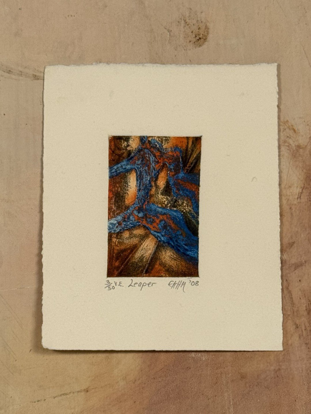 Leaper 3/50, by Artist Noonie Minogue, a small vivid print using etching drypoint techniques, part of a series.