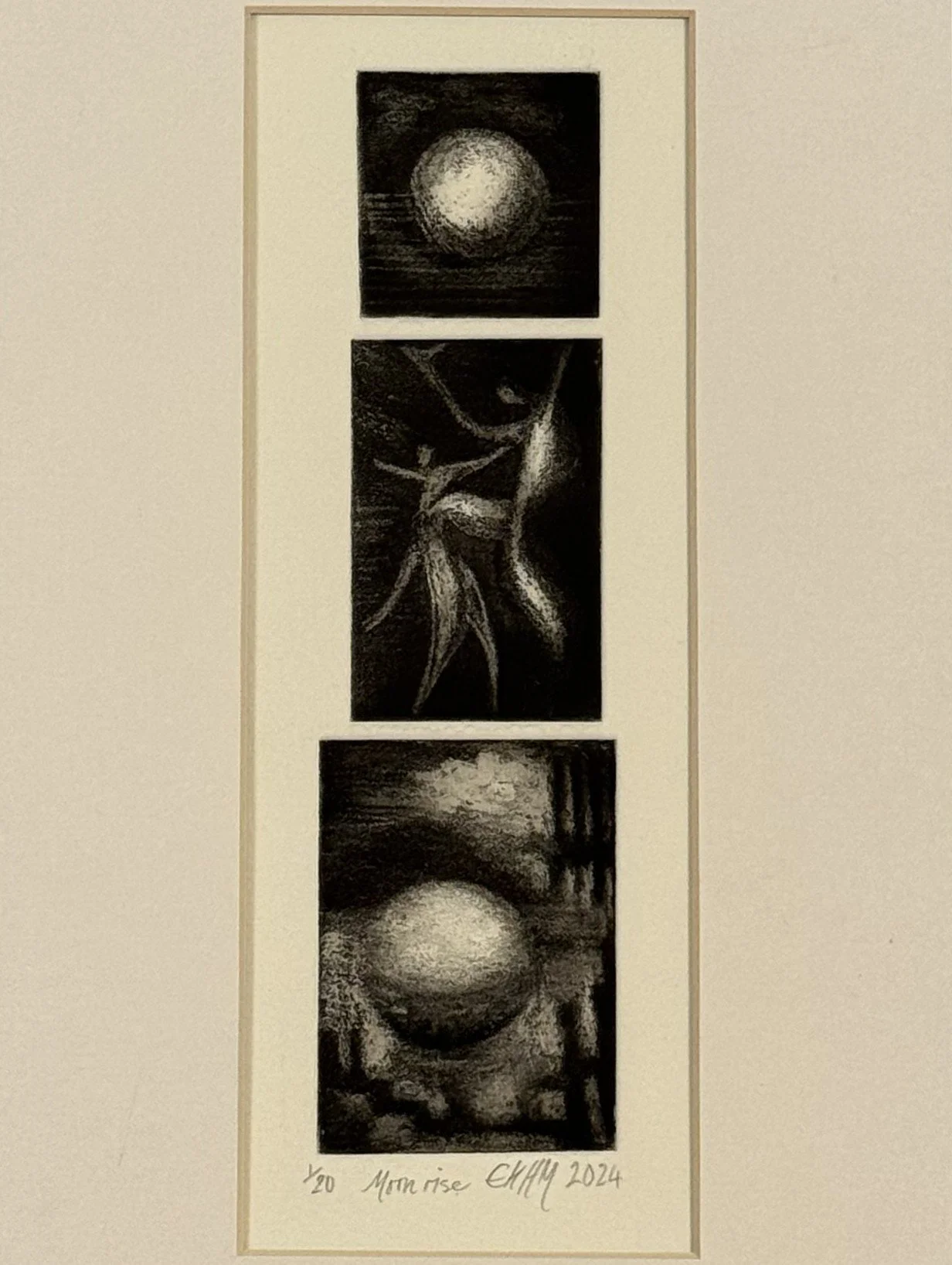 Moonrise 1/20, a three-plate etching created in 2024 by Artist Noonie Minogue, emanating a deeply poetic mood.