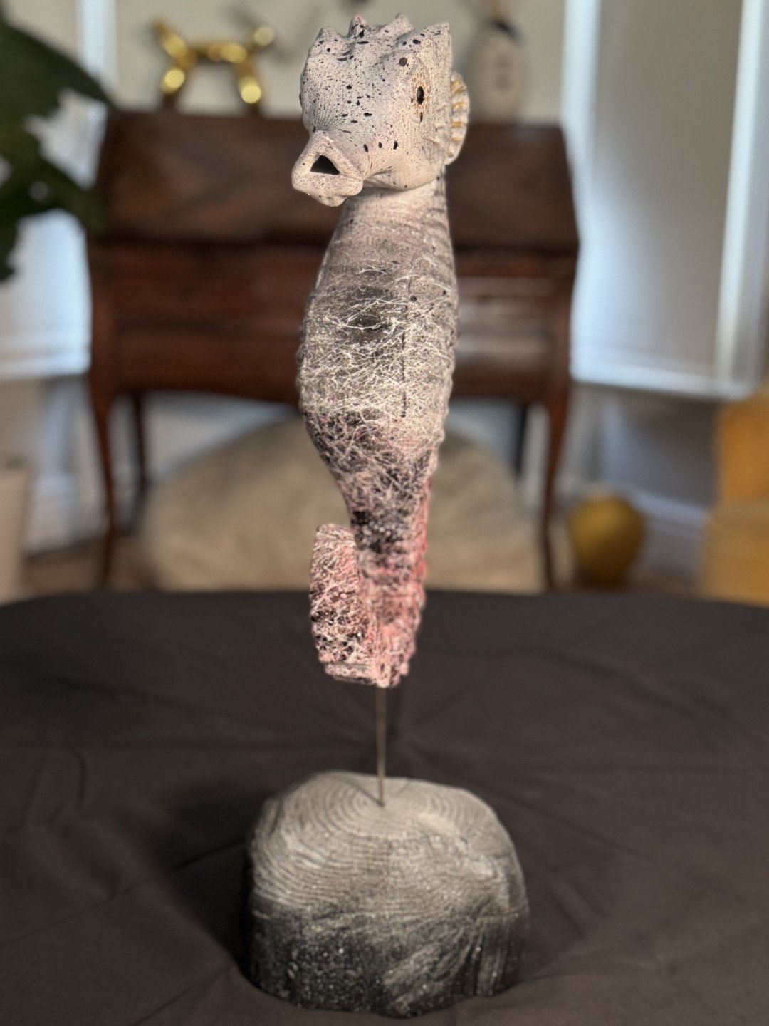 Seahorse sculpture by Artist Julien Hipeau, an original cast of a charred wooden seahorse, preserving its grain and texture.