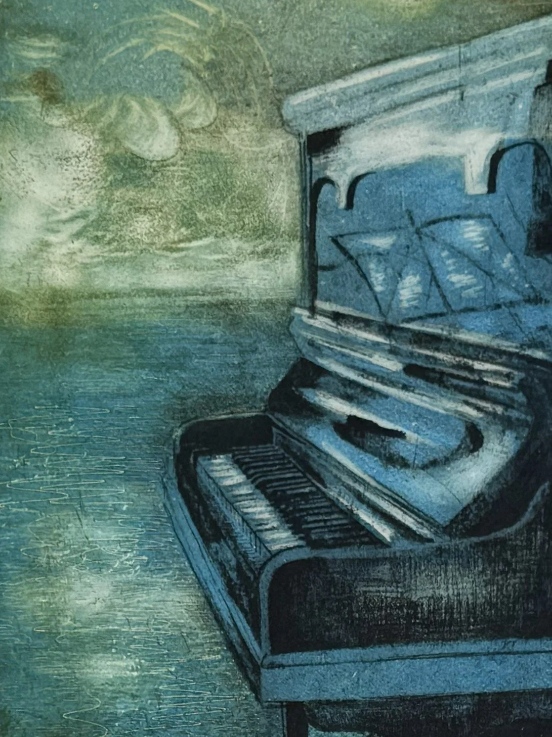 Closeup of Youkali 6/10 by Artist Noonie Minogue, a monoprint inspired by Kurt Weill's song that Noonie plays on the piano.