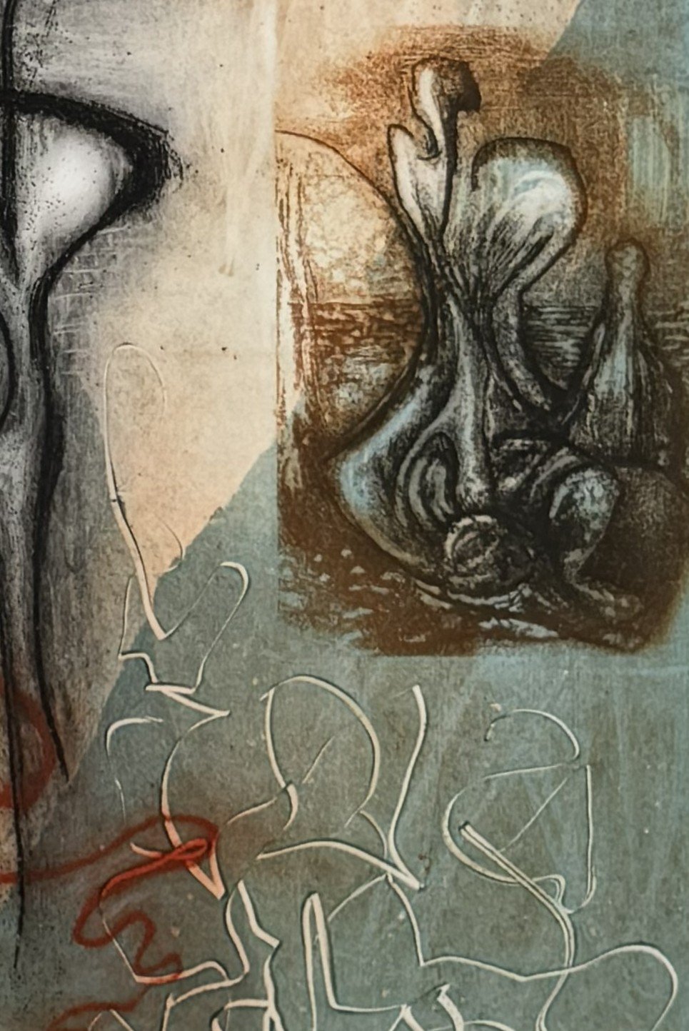 Close up of Nostos by Artist Noonie Minogue, a four-plate etching and monoprint showing the heroic homeward journey.