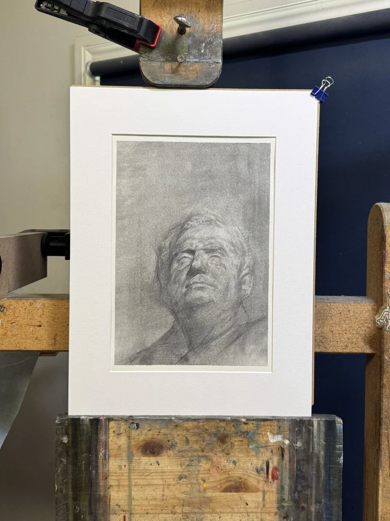 Cast Study (2), an original drawing by Artist Bran Sivas, using graphite and charcoal on paper, displayed on an easel.