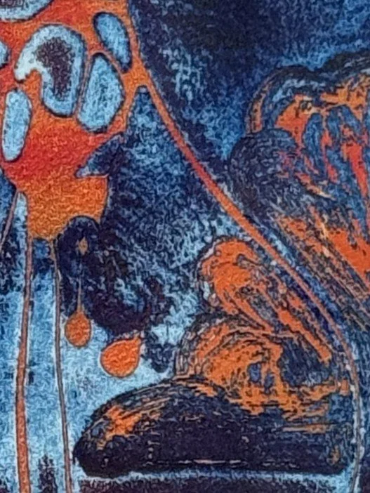 Phlegethon 1/30 by Artist Noonie Minogue, closeup view of the viscosity etching with deep blue and orange tones.
