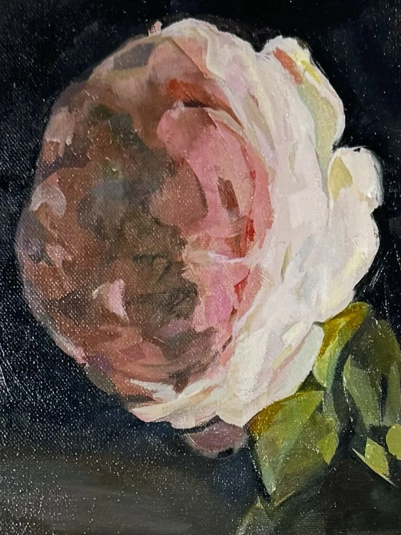 Original oil on canvas painting "Rose" by artist Larissa Hollis, closeup of delicate pink flower petals.