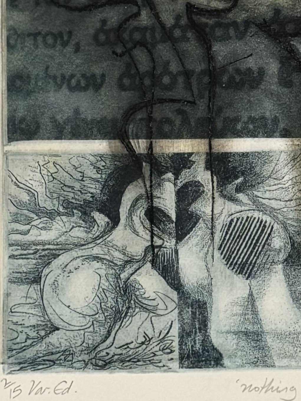 Nothing stranger than man 2/15 by Noonie Minogue, closeup of the monoprint illustrating a chorus from Sophocles' Antigone.