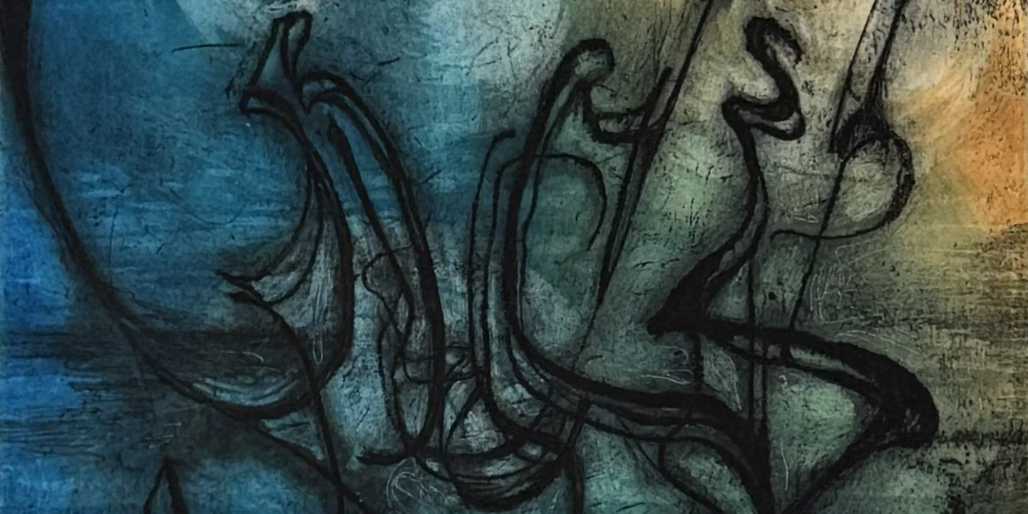 Detail of Fisher Kings, an etching and mono print from Artist Noonie Minogue