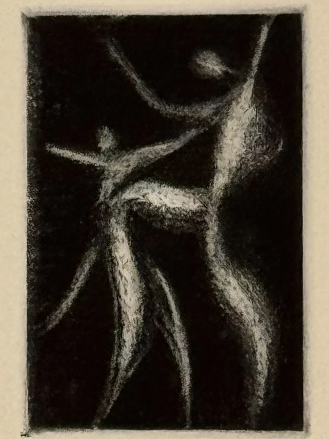 Bottom part of Selene 1/20, by Artist Noonie Minogue, a small black and white etching honouring the Greek goddess of the moon.