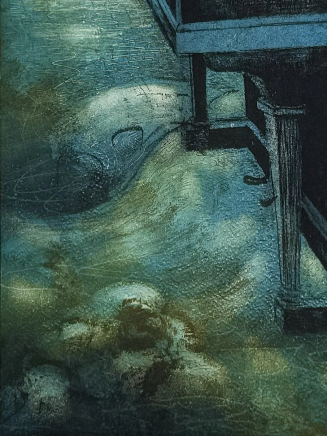 Closeup of Youkali 6/10 by Artist Noonie Minogue, a colourful etching inspired the title of a Tango Habanera by Kurt Weill.