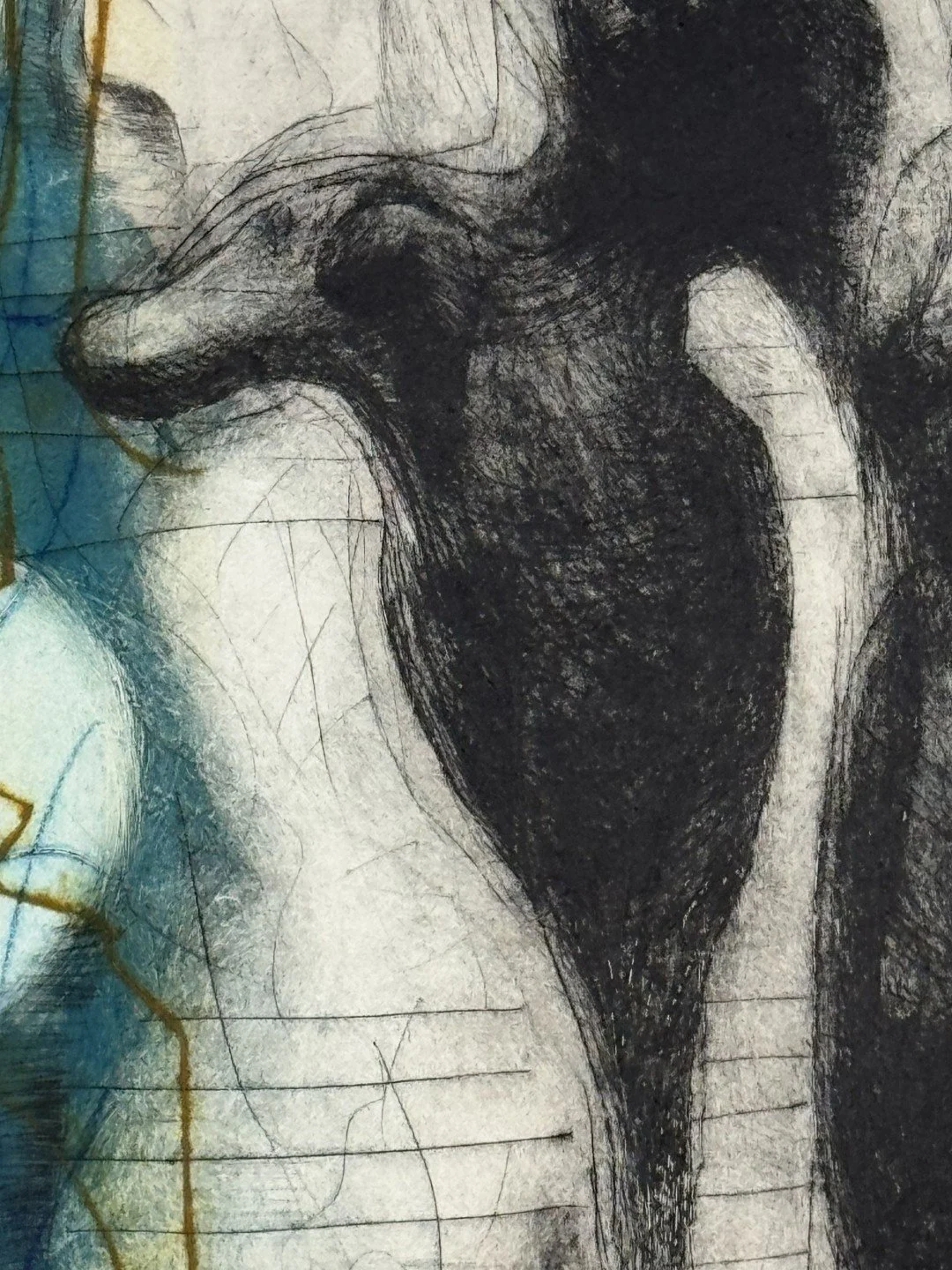 Closeup of The Skeptic by Noonie Minogue, a stunning multiplate dry point mono print also using the chine collé technique.