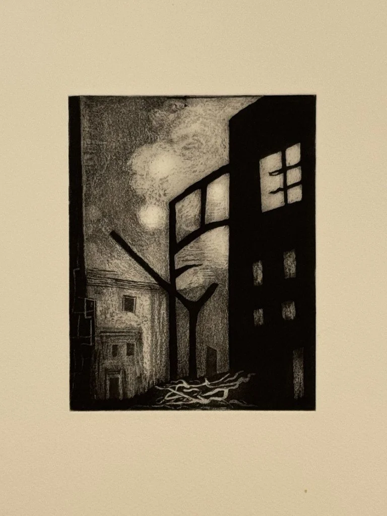 The Wishbone by Artist Noonie Minogue, a one-plate plate etching in black and white, printed in 2024.