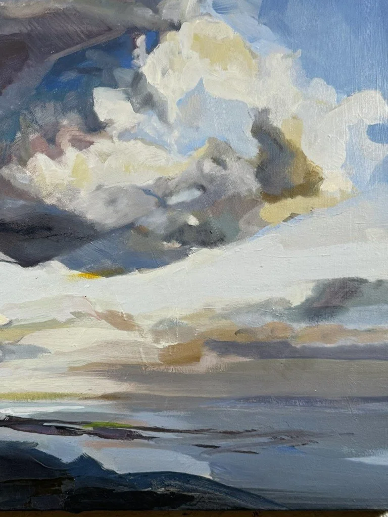 Oil painting of dramatic mid-summer blue skies and white clouds over Cape Town coast by Larissa Hollis, right-hand side closeup.