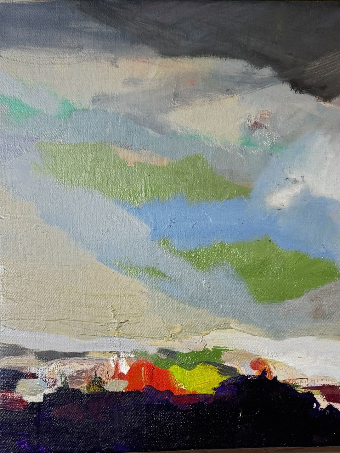 Original oil painting "Bakoven Skies S4" by Larissa Hollis, featuring Cape Town skies and Berg wind, left hand-side closeup.