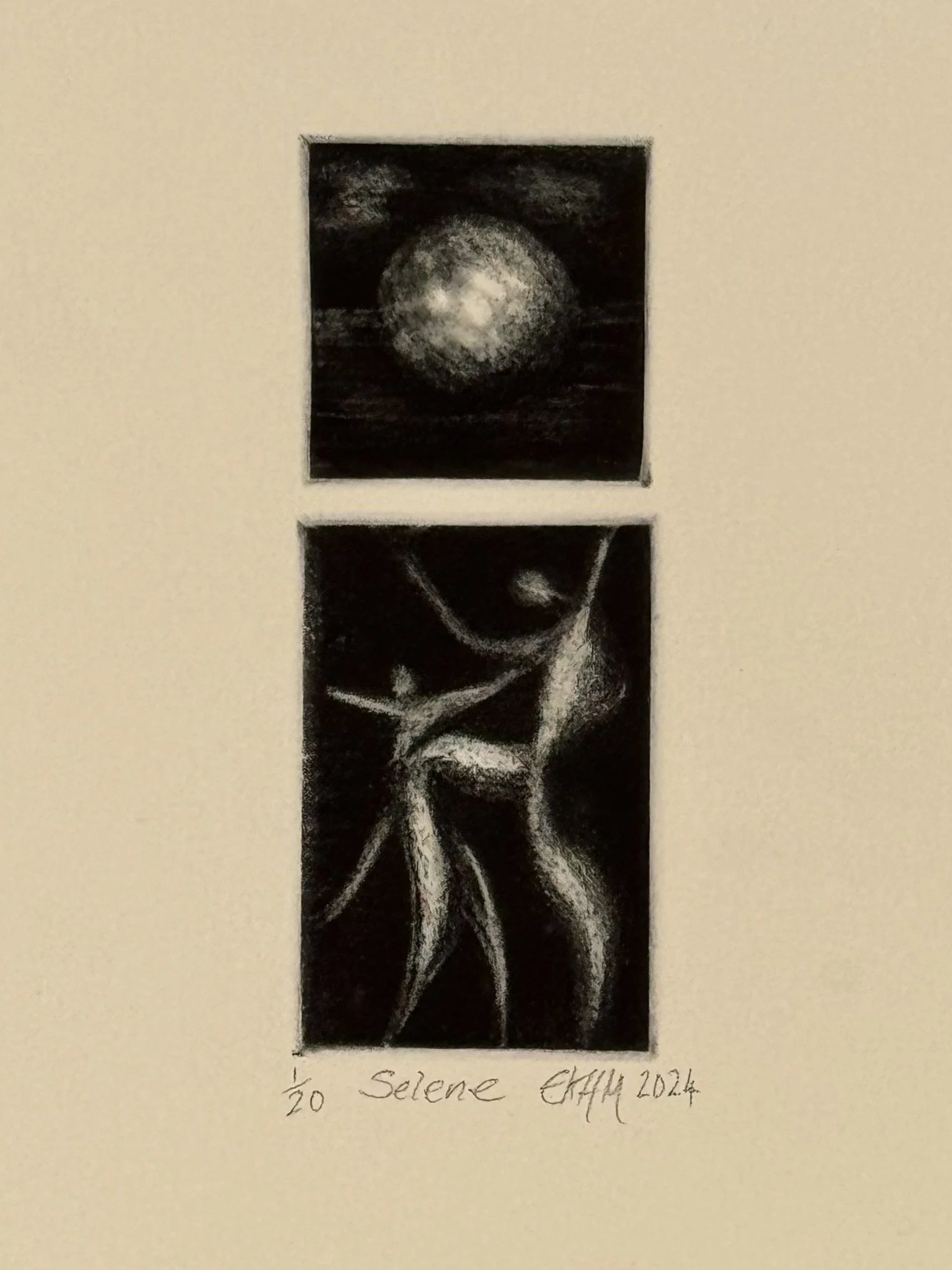 Selene 1/20 by Artist Noonie Minogue, a small etching with monochrome shades honouring the Greek goddess of the moon.