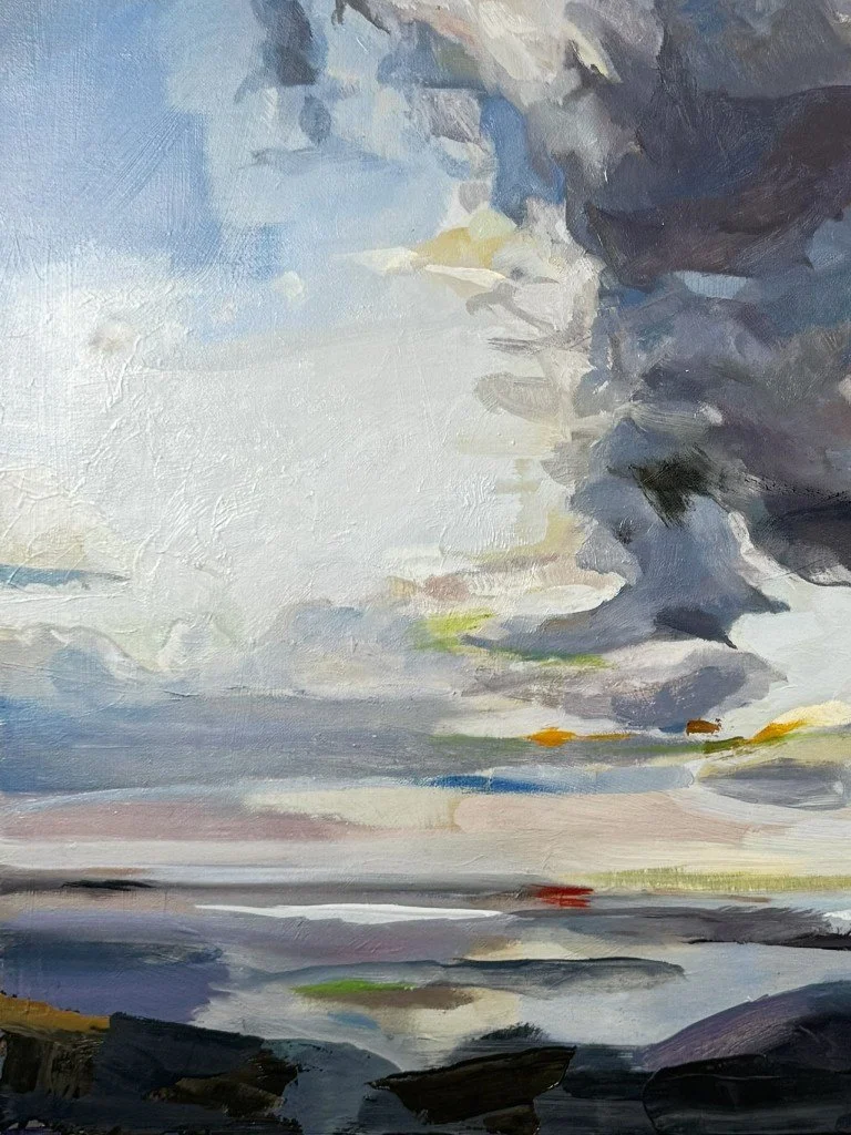 Oil painting of dramatic mid-summer blue skies and white clouds over Cape Town coast by Larissa Hollis, left-hand side closeup.