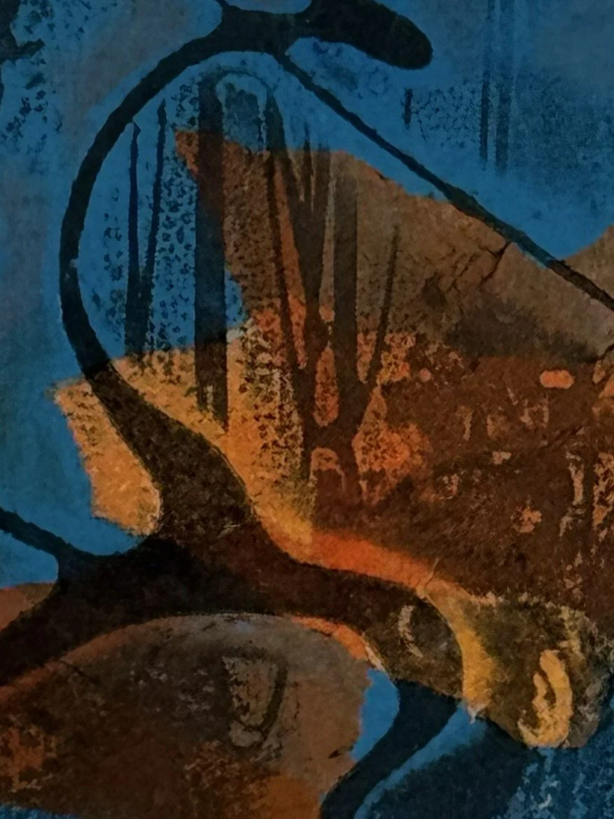 Bragadaccio 6, by Artist Noonie Minogue, closeup view of the etching and monoprint, 1/1 part of a series of 50.