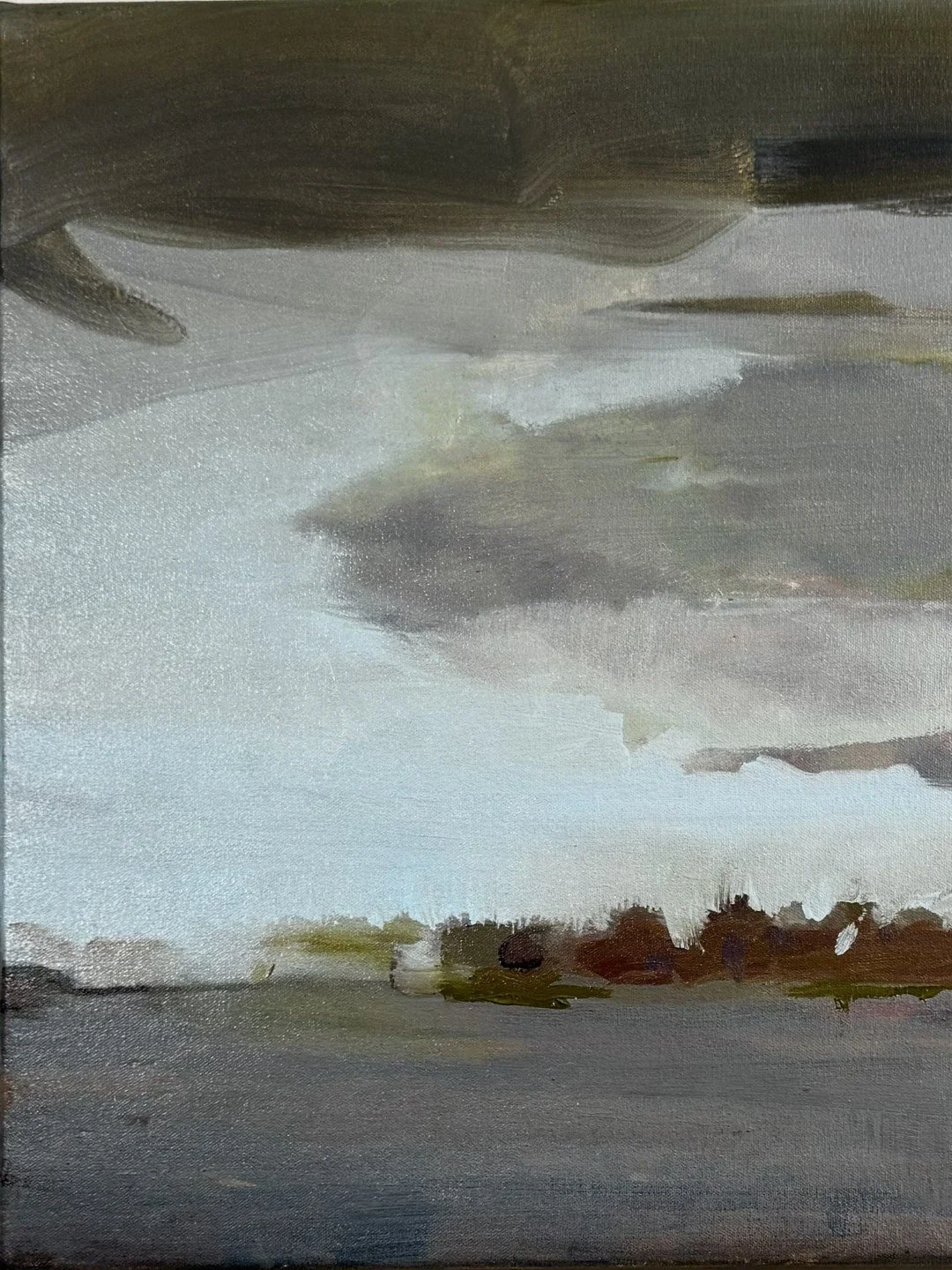 Original oil on canvas painting "Clapham Skies S1" by artist Larissa Hollis, capturing grey skies, left hand-side closeup.