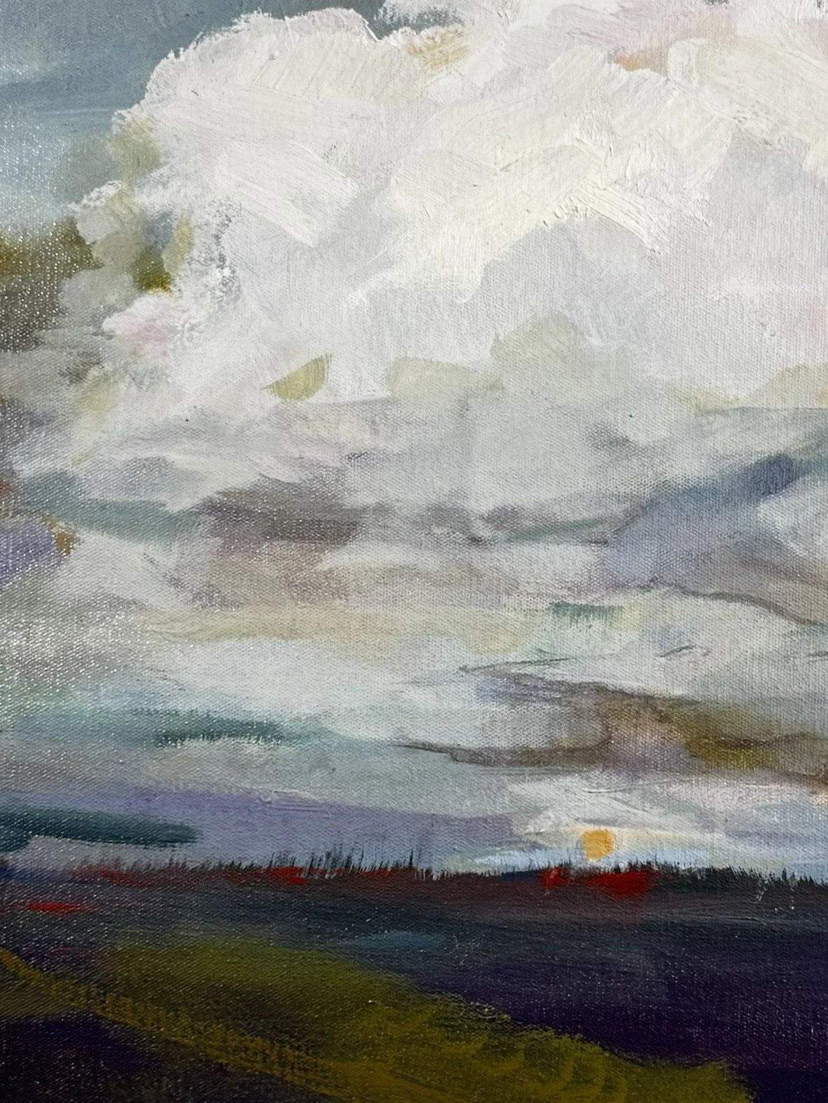 Original oil painting "Bakoven Skies S5" by artist Larissa Hollis, capturing Cape Town's Helderberg mountain, closeup.