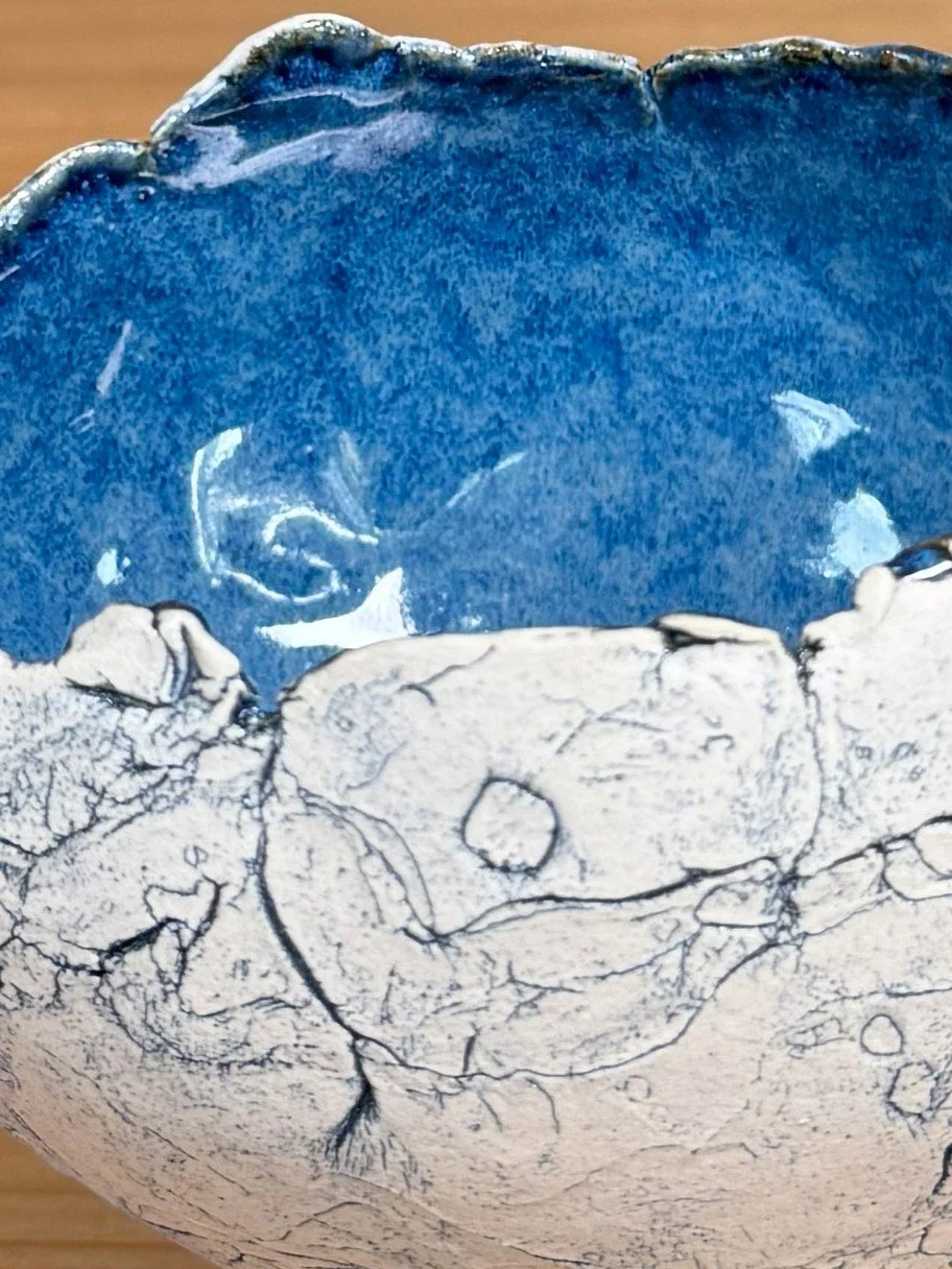 Medium crackle bowl with pedestal by Artist Nupur Narain DeTar, stoneware with cobalt oxide and an ash blue food-safe glaze.