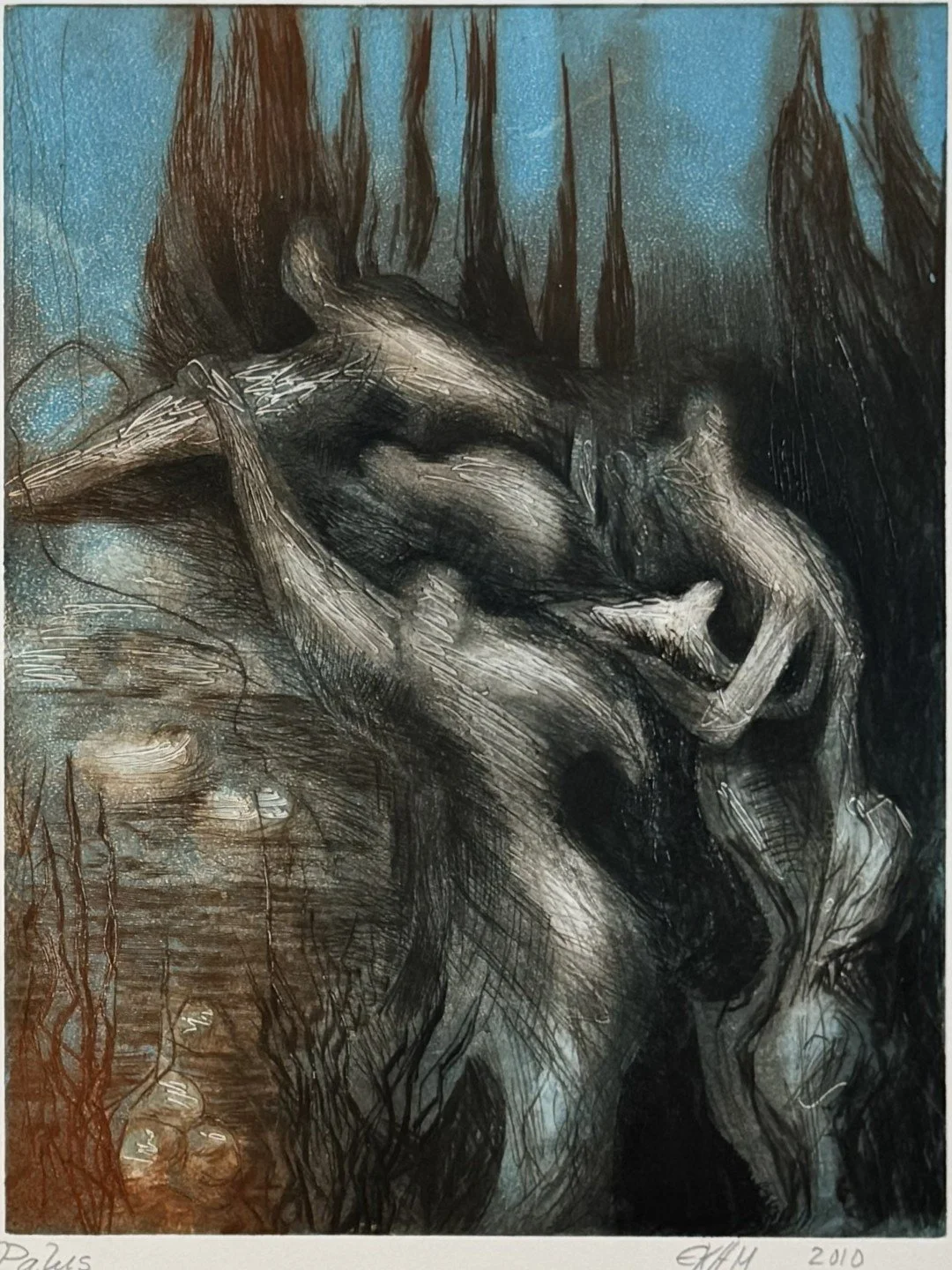 Stygia Palus 1/4, a drypoint and monoprint by Noonie Minogue, showing the right panel of the diptych of the Stygian marsh.