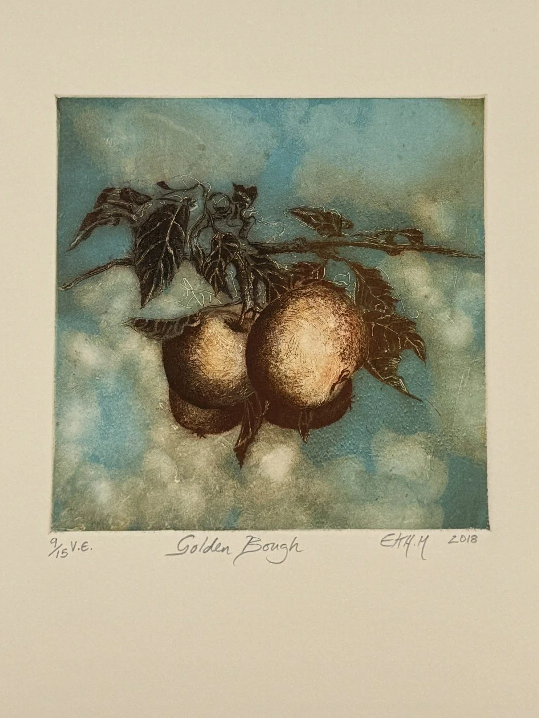 Golden Bough 9/15, a colourful etching and monoprint by Artist Noonie Minogue.