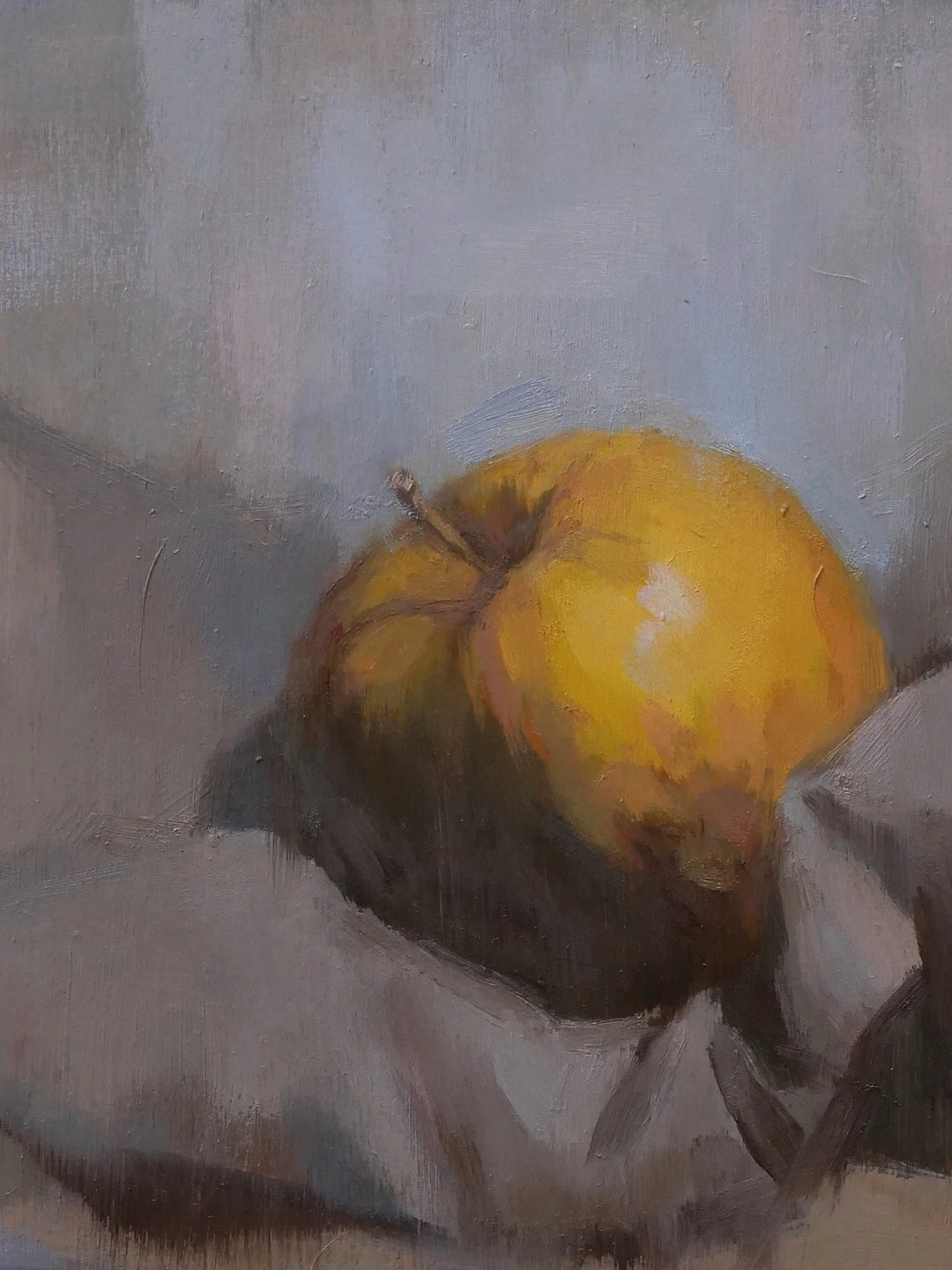 Apple On A Napkin, an original oil painting by Artist Bran Sivas, a small artwork painted on cradled board.