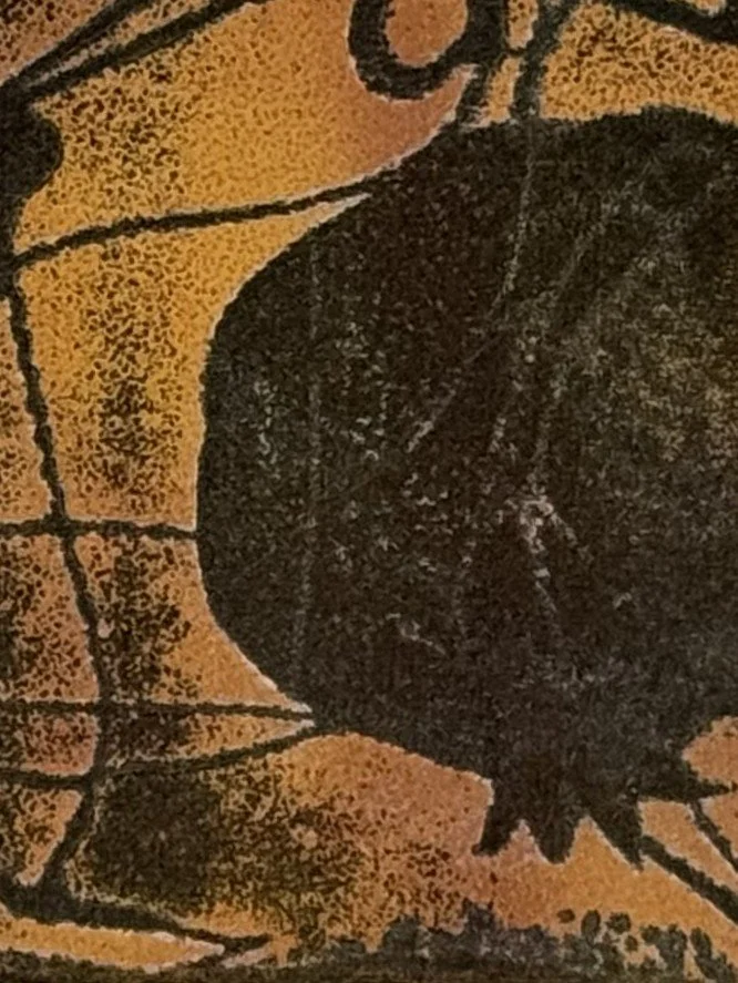 closeup view of Winter fruit, an etching and monoprint by Artist Noonie Minogue.