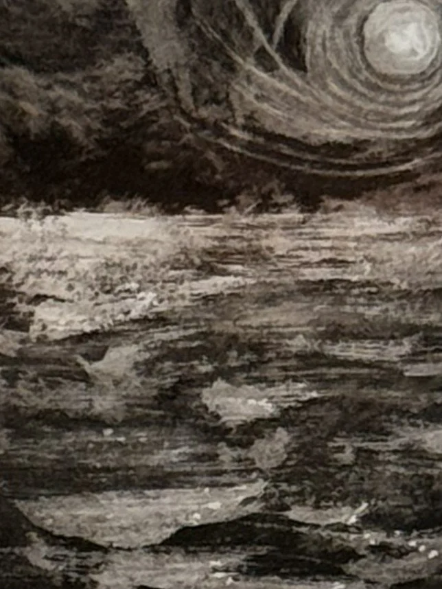 Detail of the waves in Brise Marine 6/8 by Artist Noonie Minogue, an etching in black and white with a mystical atmosphere.