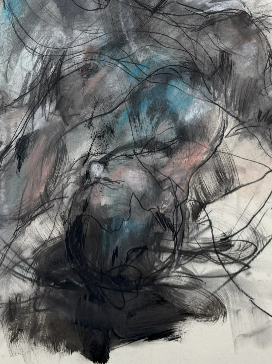 Closeup of Mixed Emotional by Artist Alla Samarina, a life drawing of female figure in motion, using pastel and charcoal on paper.