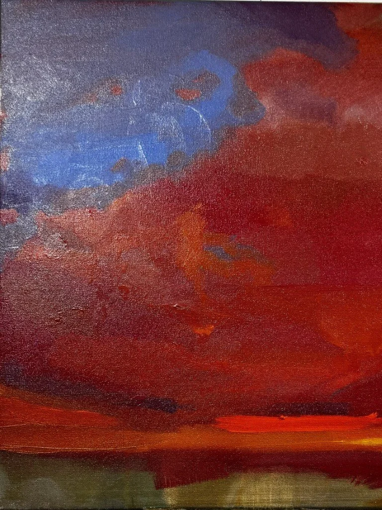 Left hand-side of oil painting capturing a dramatic crimson red and dark purple sunset sky over Cape Town by Larissa Hollis.