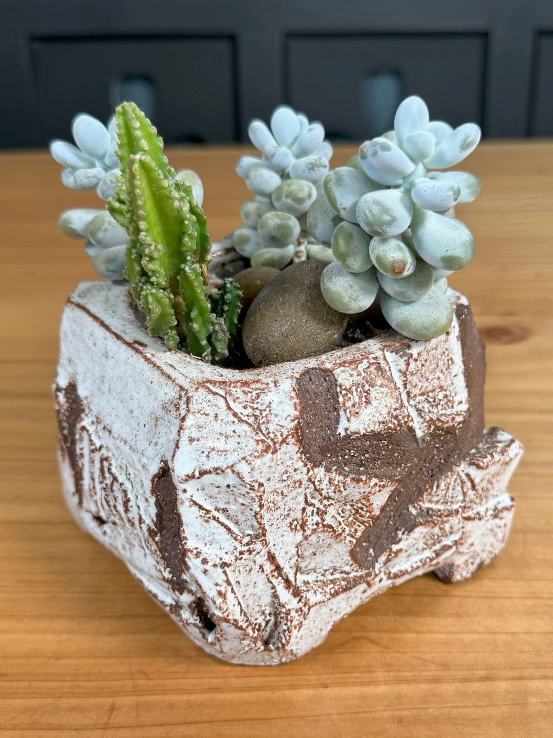 Angle view of Kurinuki planter by ceramic Artist Nupur Narain DeTar, hand-carved, with established succulents included.