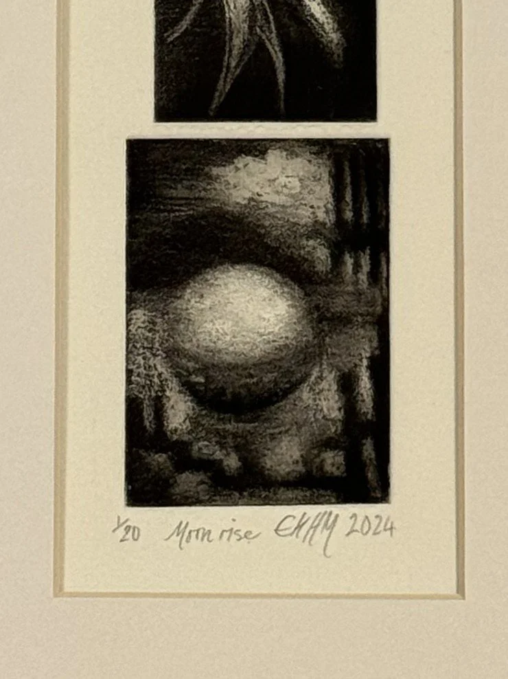 Moonrise 1/20, a three-plate etching created in 2024 by Artist Noonie Minogue, closeup view of bottom panel.