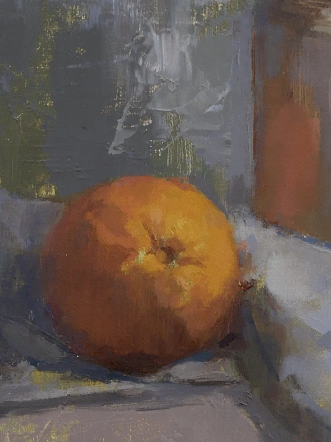 Close-up view of Orange on Napkin, a beautiful still life and original oil painting by Artist Bran Sivas.